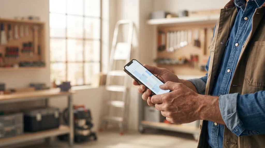 Technicien vérifiant un rappel de rendez-vous automatisé sur smartphone pour une entreprise de services locaux
