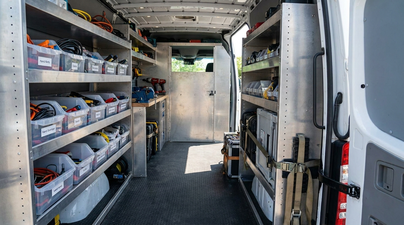 Véhicule de service bien organisé avec rangements modulaires pour outils