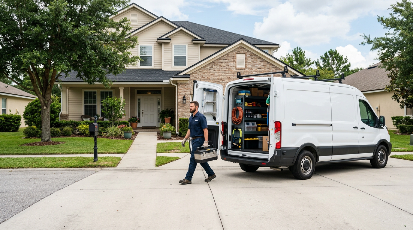 Technicien à domicile arrivant chez un client avec sa boîte à outils